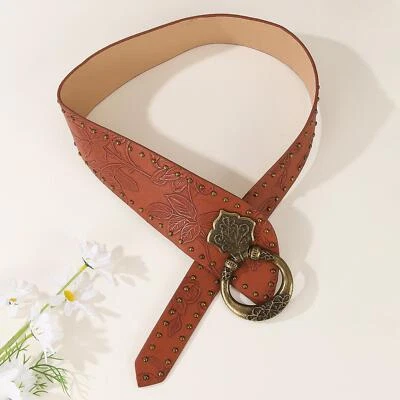 Women Wide Belt Brown PU Leather Rivets Patterned Decorative Trendy Hip Belt - image 1 of 4