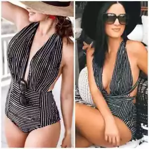 Neu mit Etikett Cocoship schwarz gestreifter sexy tiefer V-Badeanzug Damen 4 Retro Neckholder Top 34039 - Bild 1 von 4