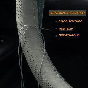 Genuine Leather Grey DIY Car Steering Wheel Cover Breathable Antislip Universal - Foto 1 di 12