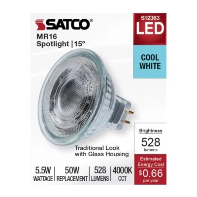 Satco S12363 - 5.5 Watt MR16 LED Spotlight - 4000K CCT - 12 Volt (2,6, or 12 PK) - Image 1 of 4