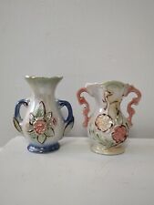 2 Lusterware Vases Made In Brazil #420 & #423 Multicolor Floral 3D Handles 5"