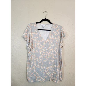 Liz Claiborne Womens Gray Floral Stretch V-Neck Short Sleeve Blouse Size XL NWT - Picture 1 of 7