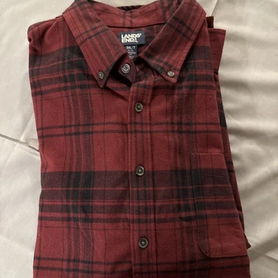 LANDS' END Big Tall 3XL Tall Soft Button Up Shirt Flannel Dark Red Plaid NWOT - Image 1 of 4