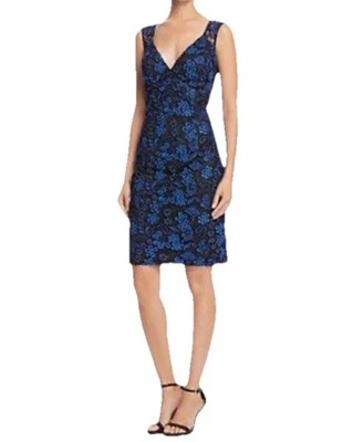Aidan Mattox Dress Blue Black Floral Appliqué Deep V Sheath Sz 0 Sheer Lace Back - Image 1 of 4