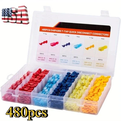 480Pcs 22-10 AWG Insulated T-Tap Quick Splice Combo Wire Terminal Connectors Kit - Image 1 of 4