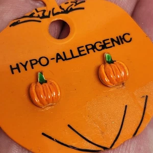 Kürbis Ohrringe Halloween Ohrstecker orange Vintage Herbst winzig 1/4" - Bild 1 von 5