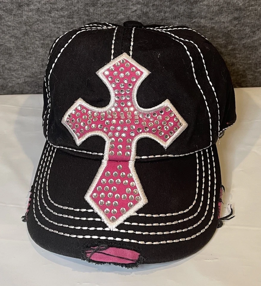 Gorra Cross Hat Mujer Arco Iris Negra Brillante Envejecida Curvada Bill Rasgado Tribal Foto 1 de 4