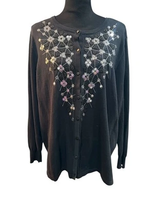 Suéter Bob Mackie Mujer Talla 2X Negro Lentejuelas Cuentas Abotonadas Mangas Largas Foto 1 de 4