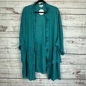 Womens NWT Easel Layla Kimono Teal Open Front Ruffle Flowy Boho Lightweight 2X - Picture 1 of 7
