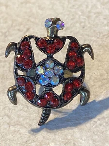 Vintage Turtle Red & Iridescent Rhinestone Adjustable Ring Size 7-8 - Picture 1 of 7