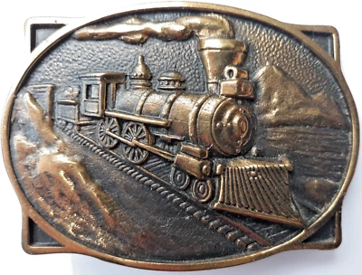1979 BTS solid brass steam locomotive train engine mountain scene belt buckle - Image 1 of 2