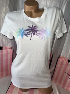 Victorias Secret PINK T-Shirt Shimmer Palm Multi Color Medium White - Picture 1 of 1