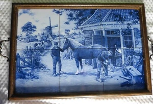 DELFTS BLUE Pottery Tile Serving Tray with Windmill Blacksmith/Horse Scenery - Picture 1 of 12