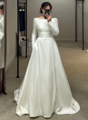 Satin Wedding Dresses Victorian White Ivory Long Sleeves 1970s Bridal Gowns - Image 1 of 4