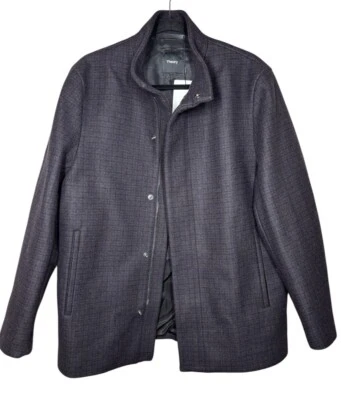 $745 Theory XXL 2XL Clarence Mens Coat Brown Blue Rush Micro Check Wool Blend - Image 1 of 4