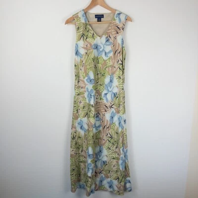 Charter Club Beach Dress Women's Size 10 Maxi Beige Floral Linen Blend V Neck - Image 1 of 4