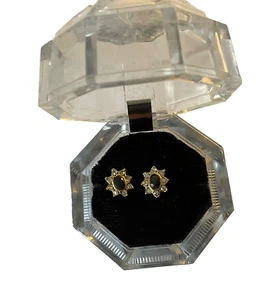 Unused Yellow Metal Blue & White Stone Earring - Octagonal Box - Picture 1 of 8