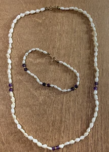 14k Gold Freshwater Cultured Baroque Pearl Amethyst Necklace Bracelet Set F67 - Picture 1 of 8