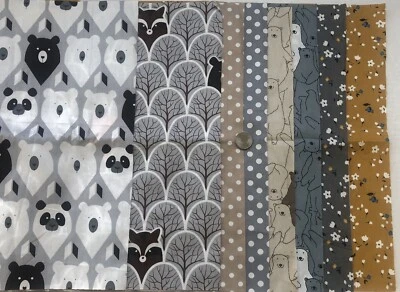 100% Cotton Fabric Coordinating prints. Bears, Raccoons, 19” X 15” Quilters New! - Image 1 of 4