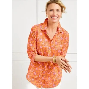 Talbots Womens Petite Size P Floral Print Button Down Blouse in Orange 1394 - Picture 1 of 7