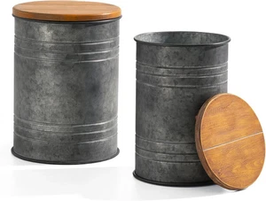 Rustic End Table Set of 2, Farmhouse Galvanized Metal Barrel Ottoman Storage Can - Picture 1 of 7