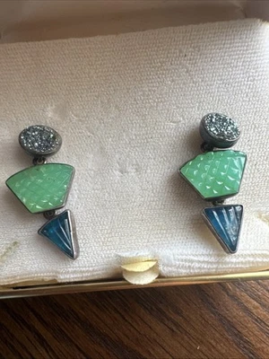 Amy Kahn Russell AKR Adventurine? 珍珠海蓝宝石纯银柱状耳环 — 第 1/4 张图片