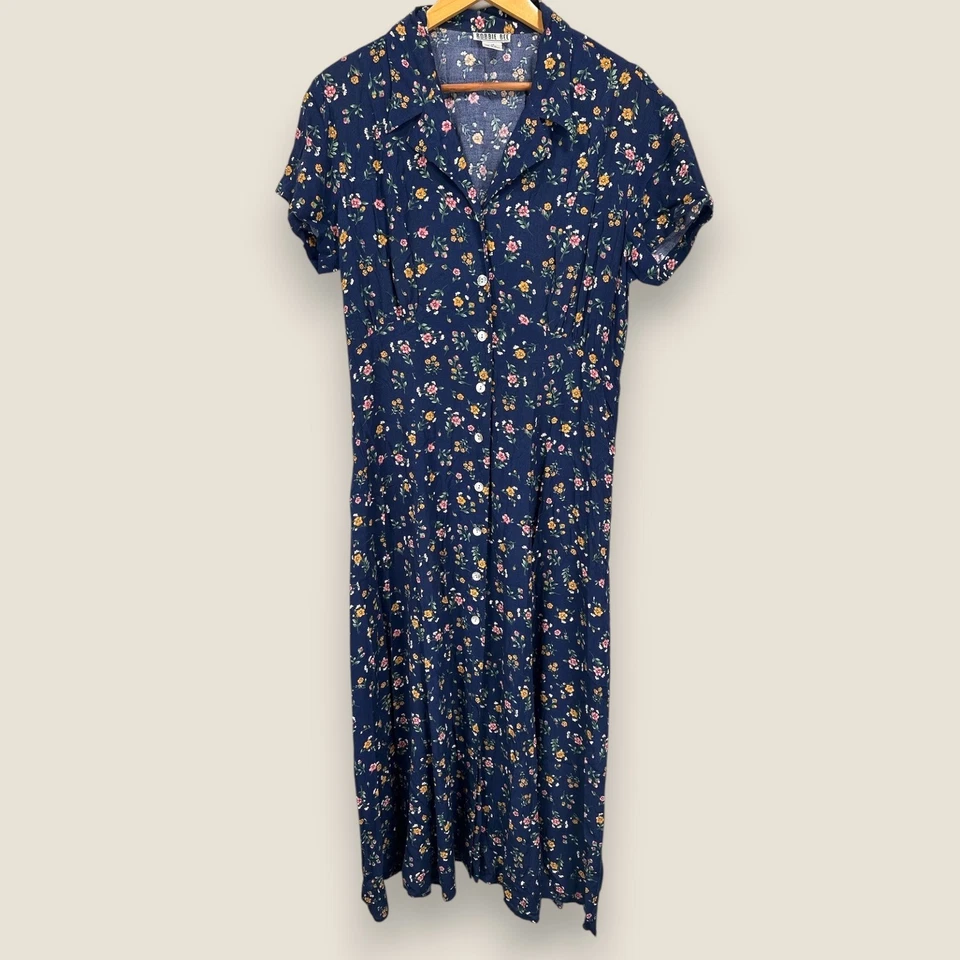 Vestido midi Robbie Bee con botones delanteros para mujer talla 14 azul marino estampado floral rayón de colección Foto 1 de 4