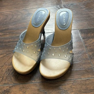 Fioni Y2K 90s Women’s Clear Blue Kitten Heel Mules 6W Shoes Open Toe - Picture 1 of 11