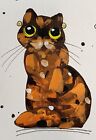 ACEO Original Tempera Painting Paper 2.5x3.5” Art Cat With Gold Earings Gift Dec