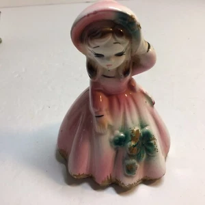 Vintage Girl In Pink With Flowers & Bonnet Bell 3.5" No Chips - Picture 1 of 7