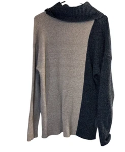 Leo & Nicole Women’s Colorblock Cowl Neck Sweater, 1X, Beige and Charcoal Gray - Picture 1 of 6