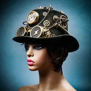 Hand Crafted Steampunk Halloween Vintage Top Hat with Gold Spike Goggles - Picture 1 of 8