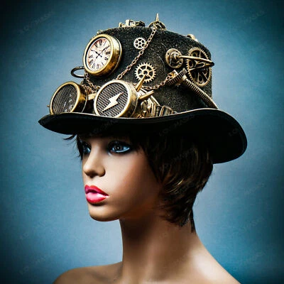 Hand Crafted Steampunk Halloween Vintage Top Hat with Gold Spike Goggles - Image 1 of 4