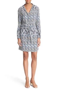 TORY BURCH Drawstring Tile Print Silk Shirtdress Riviera Blue  NWT  2 - Picture 1 of 5