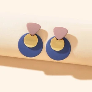 Retro Party Accessories Dark Blue Apricot Triangle Round Geometric Stud Earrings - Picture 1 of 4