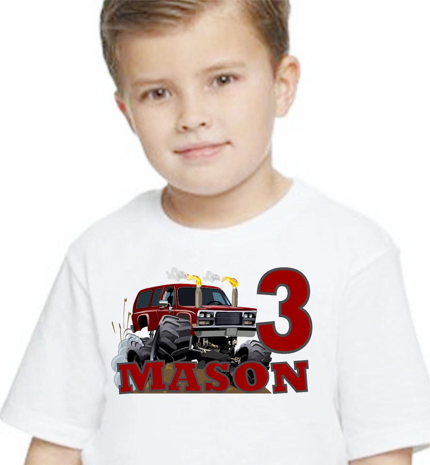 Camisa de Cumpleaños Roja Monster Truck Chevy Camiseta Personalizada Juvenil  Foto 1 de 4