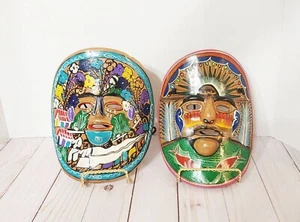 Vtg Hand Painted Mexican Clay Mask Wall Art Set of 2 - Picture 1 of 9