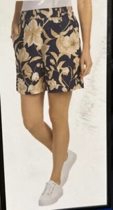 Womens Holiday Shorts Hilary Radley Large Linen Blend Floral Print Navy Beige A5 - Picture 1 of 4