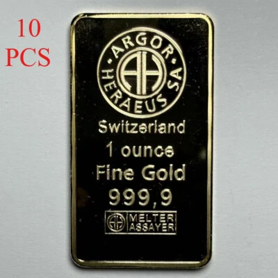 10 pcs Replica One Ounce 999 Gold Plated Swiss Gold Bar Commemorative Coin - Image 1 of 4