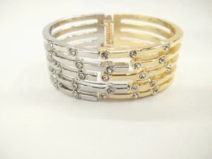 Graceful Two Tone Mix-Metal Clear Crystal Hinged Bangle Bracelet - Picture 1 of 3