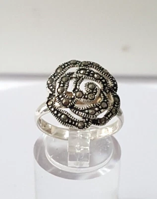 Precioso Anillo Rosa Piedras Marcasita Real 925 Plata Sólida Talla O~O1/2 #22205 Foto 1 de 4