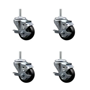 Juego de ruedas de vástago roscado giratorio de 3 pulgadas de polietileno negro con freno - Imagen 1 de 4