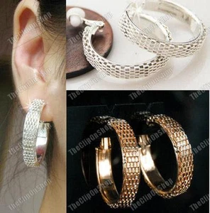CLIP ON chunky MESH thick hoops BIG 3cm HOOP EARRINGS weave GOLD/SILVER urban - Picture 1 of 4
