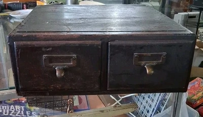 Vintage 2 Drawer Card Catalog File Cabinet  Dark Wood Read Dovetail Brass Handle - Image 1 of 4