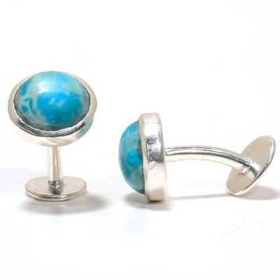 Gemelos redondos de plata de ley 925 Larimar joyería para hombre CL866-42 Foto 1 de 4