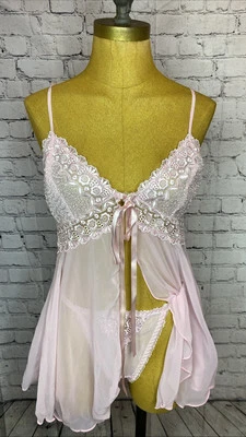 褶边粉色睡衣娃娃 Negligee 套装中号缎面丝带雪纺透明 — 第 1/4 张图片