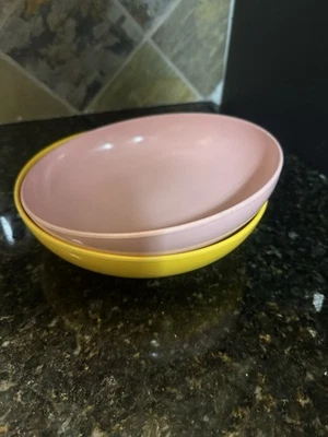 Vintage MCM Atomic Thick plastic Pink & Yellow Large Bowls!Set Of 2 Retro Kitsch - Image 1 of 4