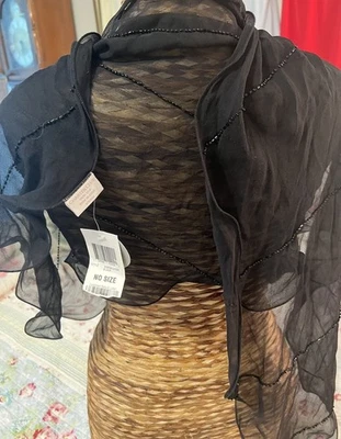 100%黑色丝绸串珠围巾/裹巾 — 第 1/4 张图片