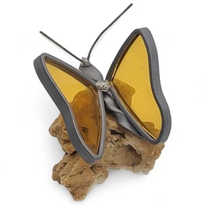 Vtg Leaded Stained Glass Yellow Butterfly Mounted on Rock Figurine Suncatcher - Picture 1 of 7