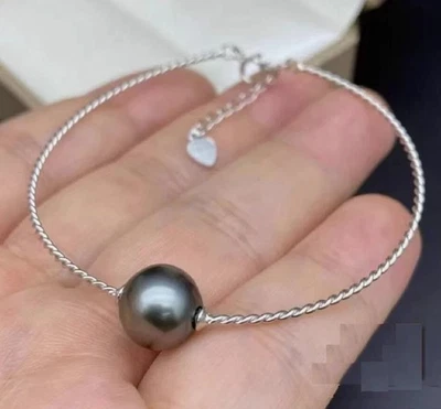 Gorgeous HUGE AAAAA 10-11mm south sea Black Green ROUND pearl Bracelet 925s - Image 1 of 4